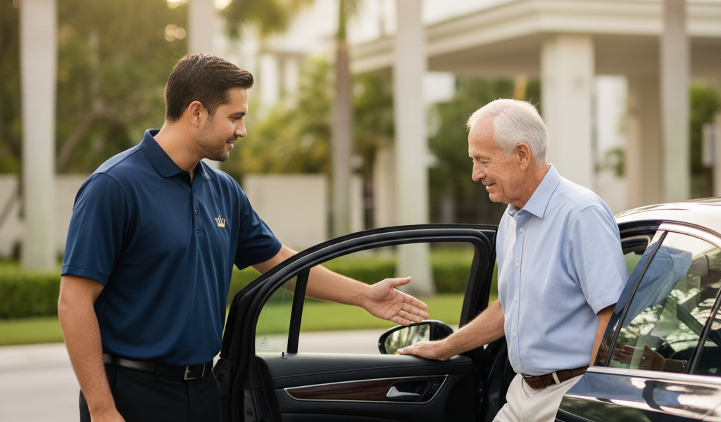 Professional driver assisting a passenger for medical transportation